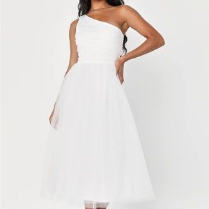 Already Perfect White Tulle One-Shoulder Midi Dress